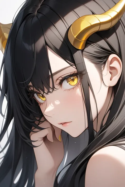 Woman with long black hair ,  with long hair and golden horns, yellow eyes, Close to the face