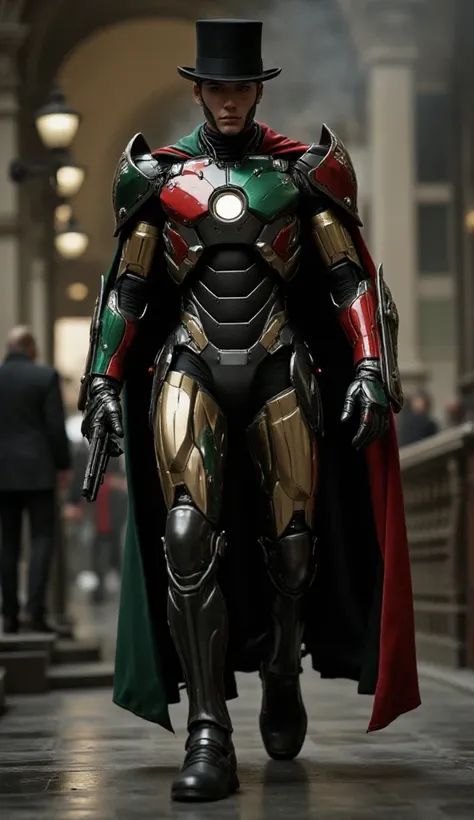  Italian machine armor、The design is inspired by Iron Man、Wearing a hat 、 Italian background 、gang、Machine gun、 palm glowing 、Covered in scars、Fight the enemy、 wearing a suit、 3 color coloring 、green white red 、 smoking 