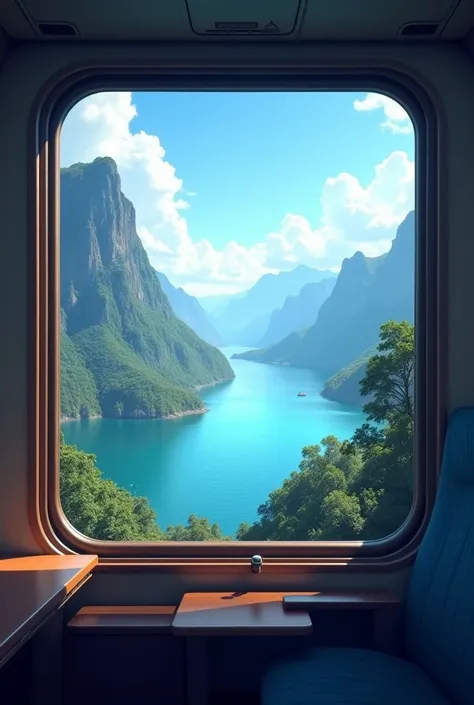 If youd like to refine or adjust the prompt, feel free to share your ideas! Heres a sample if youre looking for a slightly different variation:

"A breathtaking view from a train window showcasing a tranquil blue sea and towering mountains in the foregroun...