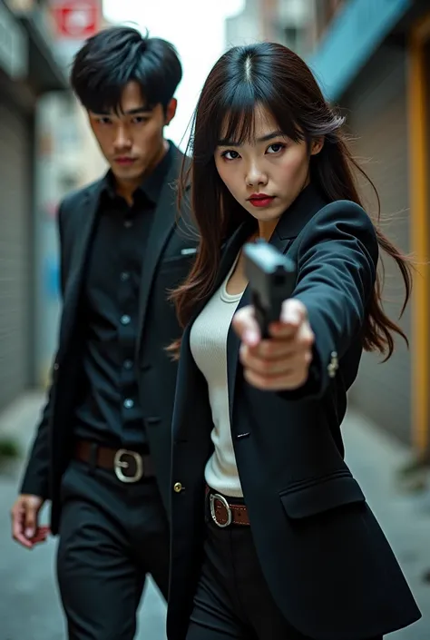 Korean gangster hot couple coming near by walking. A gun is available in the hand of the girl. The emotion .proved there attitude.