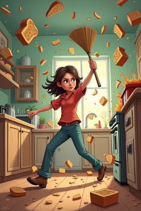 Describe Molly grabbing a broom and attempting to stop the toaster’s rampage, with toast still flying everywhere.