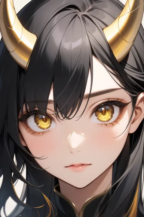 Woman with long black hair ,  with long hair and golden horns, yellow eyes,  Make your face and upper body visible