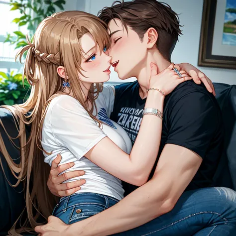 (( top quality )), ((masterpiece)), ( Details), （perfect face）、Yuki Asuna, who has bright brown hair, wears an American t-shirt and jeans, wears an engagement ring, cuddles a strong American white man with blue eyes, has passionate breeding sex, is passion...