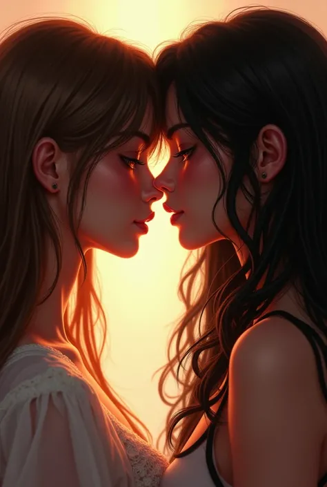 Two teenagers,(Women) one with long straight brown hair ,  and the other with long black and curly hair,  the two look at each other with a passionate look 