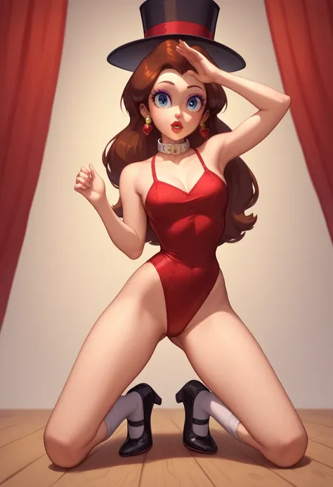 Cute Pauline wearing a sparkling shiny red leotard, black Mary Jane strap tap shoes with small white socks,,performing on stage with red curtains, black mix with brown hair, eyes are centered,, while tap dancing sexy, black top hat, red bow with a white co...