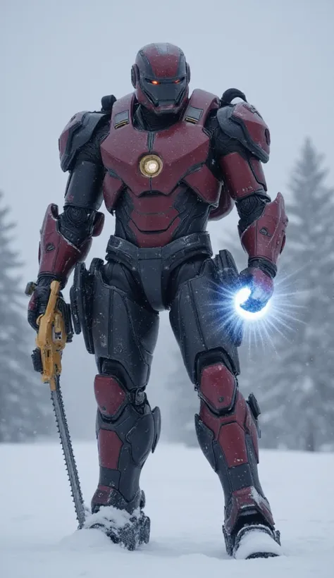  Canadian mechanical armor、The design is inspired by Iron Man、 wearing down 、Canadian background 、Snowstorm、Chainsaw、 palm glowing 、Covered in scars、Fight the enemy、 two-color coloring 、White Chi、