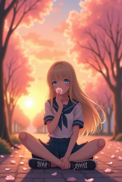 Girl in school clothes sitting on the floor smelling like a Sakura petal, at sunset, very light blonde hair, sky blue eyes, black sneakers .