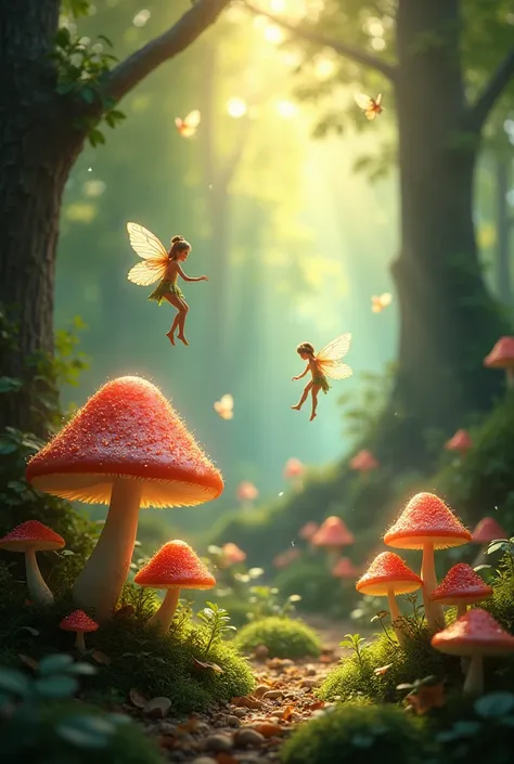 Toadstools in the forest. Scattered rays of light. Photorealistic. Fairy tale. A lot of fairys flying.