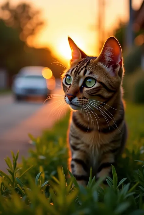 he sun dipped low on the horizon, casting golden light across the quiet suburban street. A sleek, beautiful tabby cat—its fur a tapestry of amber and charcoal stripes—emerged from a hedge, its emerald eyes shimmering with curiosity. It paused, nose twitchi...