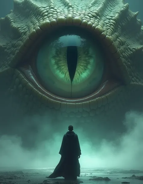 a striking and surreal scene that combines elements of both the natural world and fantasy. Dominating the composition is a massive, reptilian eye, filling almost the entire frame. The eye is highly detailed, with a slit-like pupil that suggests it belongs ...