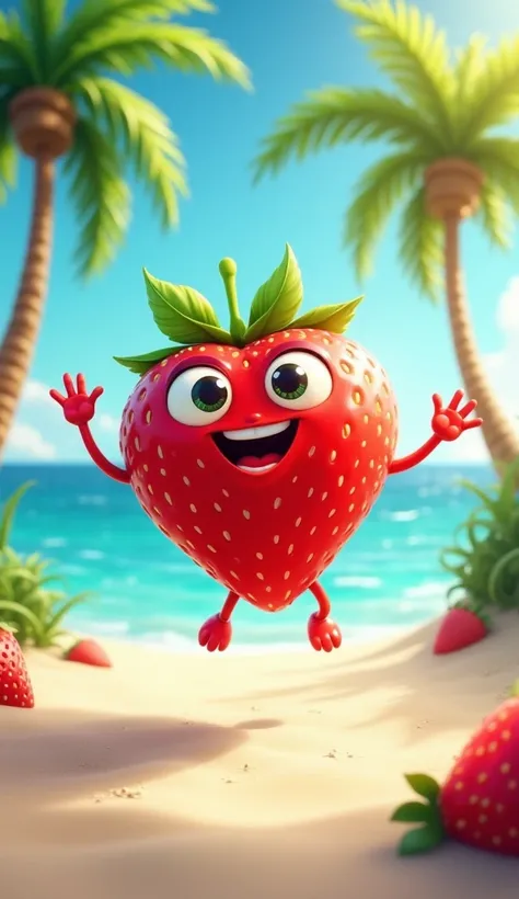 Make a strawberry with eyes, mouth, hands and feet jumping with a beach background