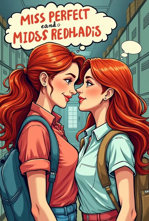 Make a comic cover page entitled Miss Perfect and Miss Redhead. Its about two female students who fell in love with each other. It should be in comic artstyle.