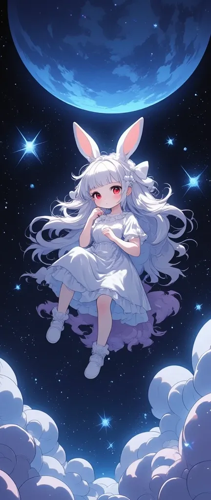 Alone,  a view from the ground (Huge, Giant , Elasticity, soft, beautiful, Shines with Brilliant Cosmic Colors, Deflected by weight  ,Floating High , star空)  1 girl(Chibi, cute,Cute,White Hair, long hair,bangs,(fluffy white bunny-), red eye , Big Eye, beau...