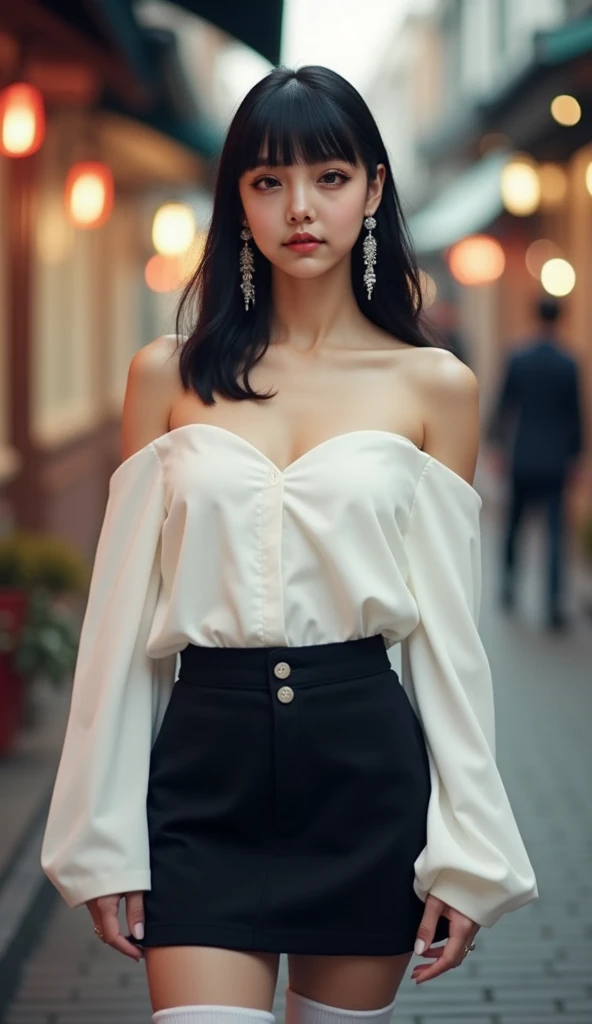 straight hair with blunted bangs and a hime cut at the front.High quality 16K，  ultra-realistic style  ， frontal standing position  ， photograph a womans full body  ，  woman wearing a stylish off-the-shoulder white dress，Ji Qie， woman with long earrings on...