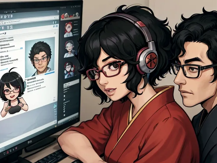 High resolution, detailed, Japanese couple, The woman has curly black semi-short hair, wears glasses, and is wearing a gaming headset and playing a game. The man has straight black hair, wears glasses, and is sitting next to the woman, watching her play ga...