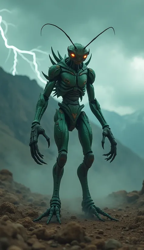 A hyper-realistic cinematic image of a terrifying mantis-human hybrid monster, towering over a barren mountainous landscape under a stormy, cloud-filled sky. The creature has a muscular humanoid body fused with insect-like features: sharp, spiked limbs res...