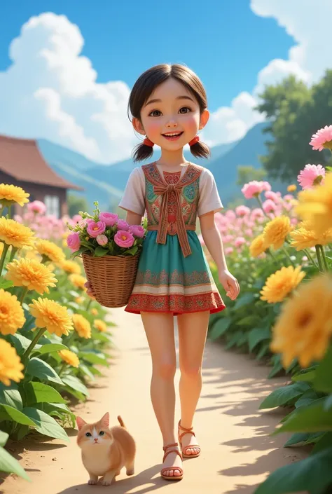 Full-body 3D illustration of a 3- girl with fair and soft skin, a cute and cheerful face, smiling and laughing joyfully. She has her hair tied with a bow, wears a colorful hill tribe dress, and low-heeled shoes. The girl is holding a basket of flowers whil...