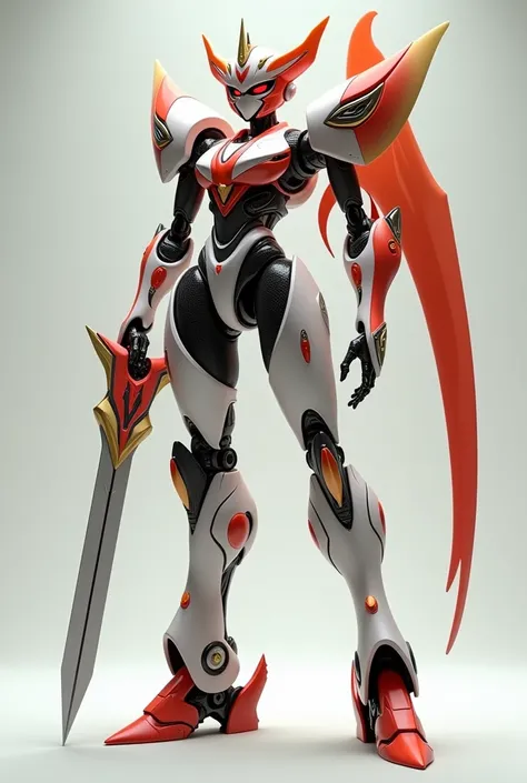 Create a 3D animated transforming robot with the Autobot symbol. Has a beautiful body and face like a robot and wields a sword. It is white and red and orange and is feminine and has a sexy body.