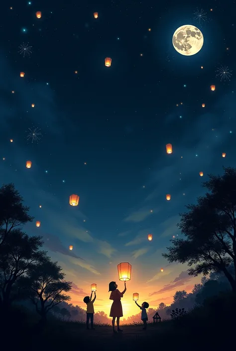 1. Size: 1080x1920 pixels

2. Background
Color Gradation: Start with a dark blue to black gradient at the top to create a night sky effect.

Add Elements:
A full moon on the upper right side.

Small flying lanterns scattered around.

Small light particles ...