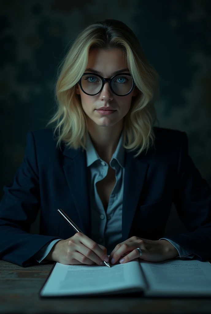 Create image Investigative journalist woman blonde blue eyes glasses very adna
 sitting in the dark.  Show Mystery and Tension . Anti-Corruption .  Security Agents  