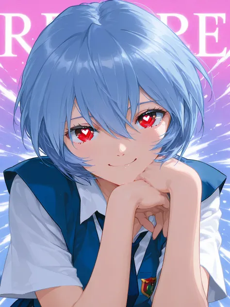  top quality , masterpiece,         ,             1 girl,   ,            viewers,  ,      smile,,           Neon Genesis Evangelion 、    Rei Ayanami、 blue hair、 short hair、 red eyes、 high school uniform 、  blue uniform、Heart Eyes 、Pop Background 、   spray ...