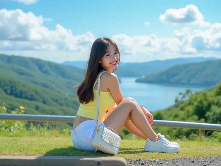 
Professional 4K photos are beautifully smooth, with smooth colors that are pleasing to the eye 
A young Thai woman She has very large breasts with long dark brown hair, wearing a light yellow sleeveless top, white shorts, and white chunky sneakers, sits o...