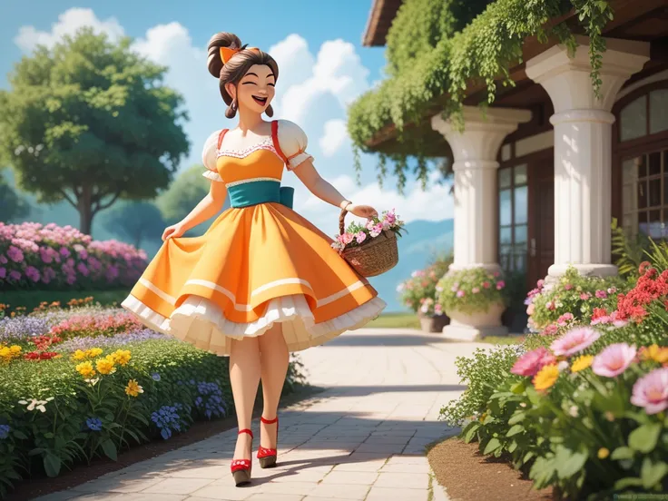 Full-body 3D illustration of a 3- girl with fair and soft skin, a cute and cheerful face, smiling and laughing joyfully. She has her hair tied with a bow, wears a colorful hill tribe dress, and low-heeled shoes. The girl is holding a basket of flowers whil...