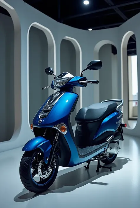 Here is the image of a 2024 Kymco X-Town 300i scooter in a glossy  bule finish displayed in a modern showroom.