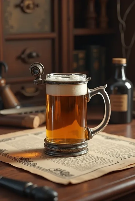 photo realistic image of antique monocle in HD, volumetric 3d lighting, with reflection of a mug of beer on the lens. monocle on an antique bureau, with documents, papers, ink feather and ink bottle. 