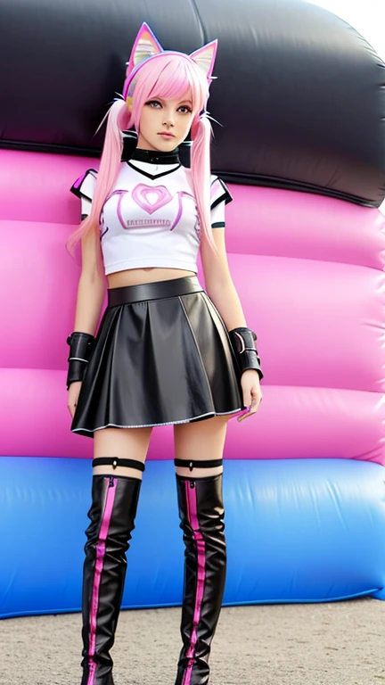  teenager with pink hair ,  slim model , pink leather korsett , tüll skirt pink ,  leather arm warmers blue,  knee-high leather boots, Cat ears, bouncy castle, twintails

