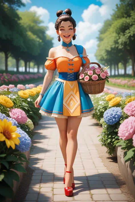 Full-body 3D illustration of a 3- girl with fair and soft skin, a cute and cheerful face, smiling and laughing joyfully. She has her hair tied with a bow, wears a colorful hill tribe dress, and low-heeled shoes. The girl is holding a basket of flowers whil...