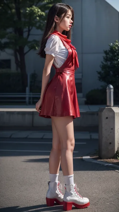 ((full body)), ((side view fitted  figure , cute beautiful  teenage schoolgirl)), beautiful cute teen face with big lips , ((High Waisted red leather skater pinafore dress)), ((transparent tulle white blouse short puffy sleeves)), High Waisted red leather ...