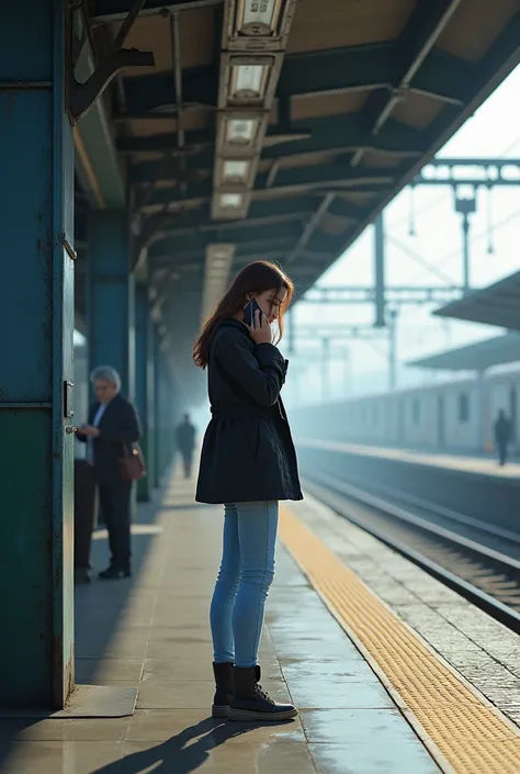 There is an   standing at the railway station who is talking on the phone and the girl is wearing a black jacket and sky blue jeans pants and long shoes.