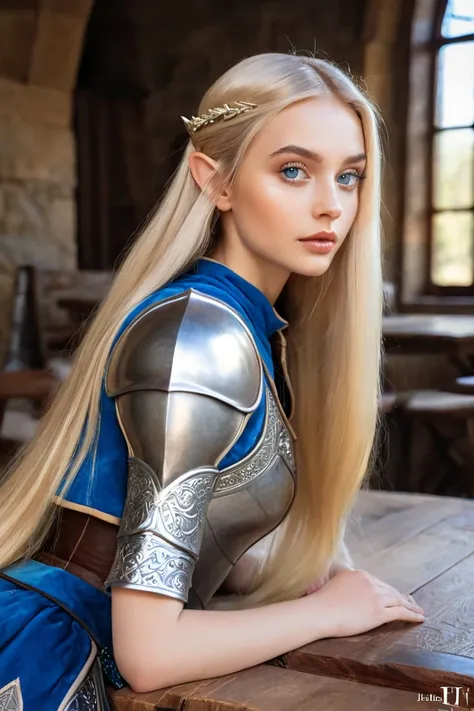 Araffe woman with long blonde hair site on the table with open legs ., Sidney Sweeney, Style of Julia Razumova, brunette with dyed blonde hair, Instagram Template, Portrait Sophie Mudd, paloma cameron in a knight&#39;s armor, Beautiful nordic woman, long b...