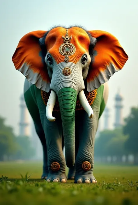 A majestic elephant representing India, its body painted with intricate patterns resembling the Indian tricolor flag (saffron, white, green) with the Ashoka Chakra symbol prominently displayed on its forehead. The elephant is adorned with gold jewelry and ...