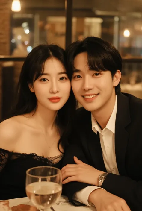 Young Korean woman wear off shoulder dress, selfie with boyfriend in restaurant