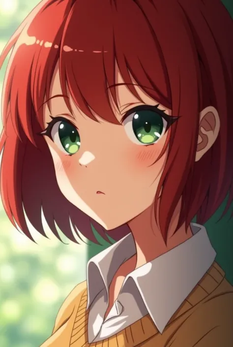  Anime girl 25-27 years old ,  sexy,  small chest ,  A beautiful girl ,  red hair just above the shoulder,  green eyes , serious type , languid look