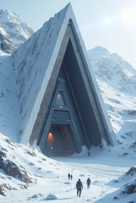 A futuristic, secure facility built into a snowy mountainside, with a reinforced entrance and the Arctic landscape in the background."