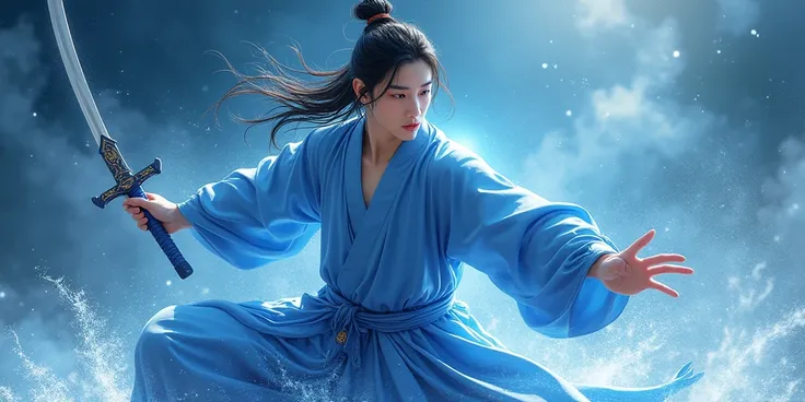 (ancient chinese comics),( a Chinese Sword Dance Teen), ( needlessly handsome man ), ( blue reverence ),(wine bag),  water level surrounds , wind surrounds ,   clear face ,  bright eyes and in ,  high detail ,  Magical light ,Fairy Blur Motion , Ray Tracin...