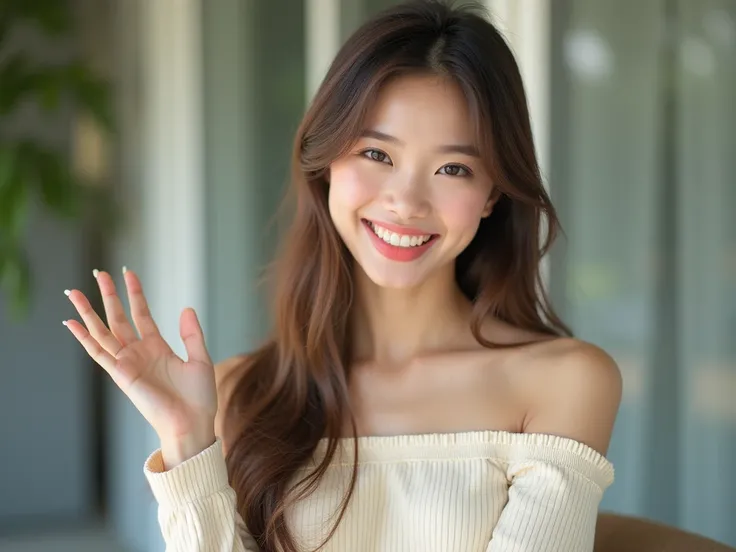 

A beautiful young woman with a radiant and charming smile. Her face is perfectly illuminated, with soft natural light enhancing her glowing skin. She has subtle Korean-inspired makeup, highlighted by pinkish-red lipstick that adds a touch of elegance and...