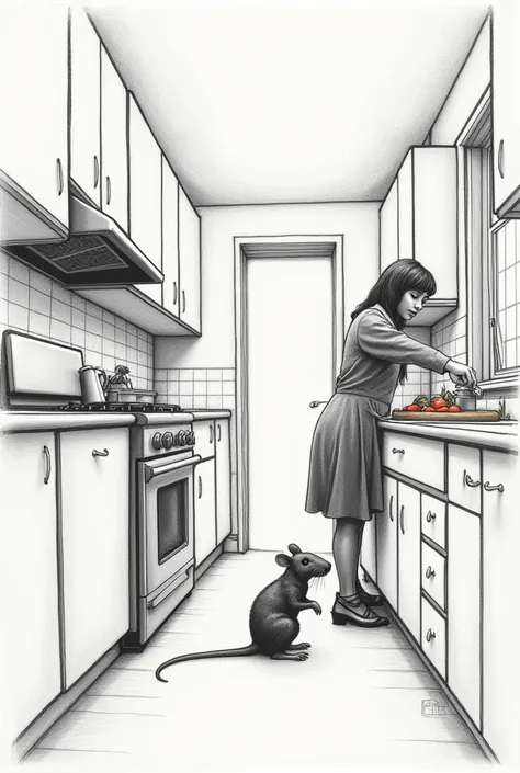 Create a perspective drawing of a kitchen scene as viewed from the perspective of a rat. The drawing should depict your mother cooking food, with an  version of yourself present in the kitchen, accompanied by your dog. Pay attention to the scale, angles, a...