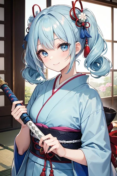 1 girl,Light blue hair, blue eyes, twin-tail hair, smiling face Japanese traditional kimono, holding Japanese sword, with white snake