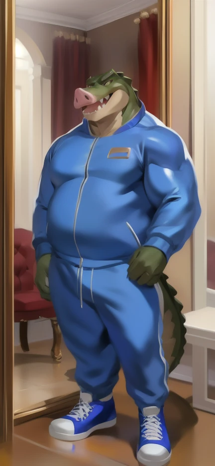 Solo, male Tall​ ,huge​ body​,​ Chair Ride ,mirror , pig​ crocodile ,blue Tracksuit soldier , Wear combat shoes, overweight, muscular, Sexual​ Emotions​ happy​, by chunie