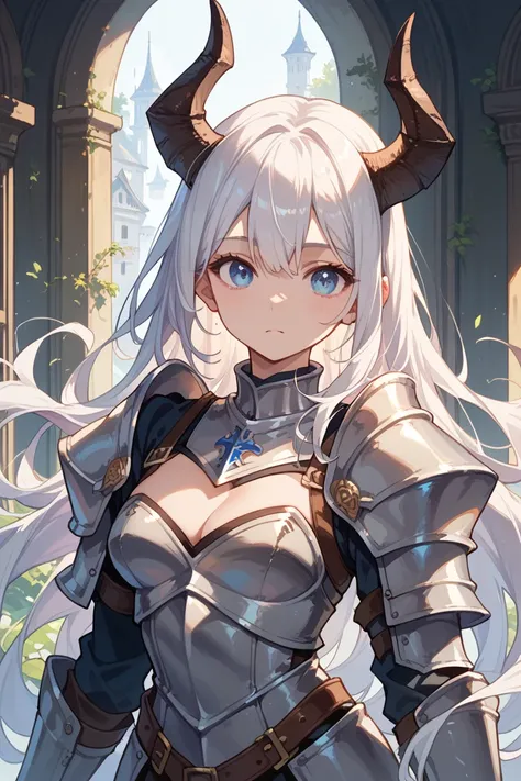  1 girl, Long hair,  chest ,  blue eyes, Animal horns,  white hair,  Knights Costume