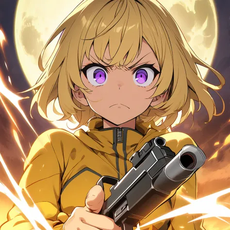 bob hair, blond hair, double angry staring background, big full moon, yellow bodysuit, gun, purple eyes, 