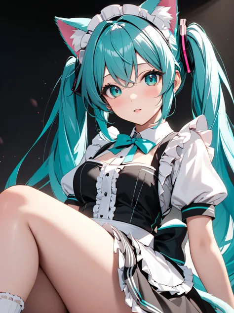 Cat ears,  cat tail,  maid clothes, ( Hatsune Miku ), masterpiece:1.5, masterpiece, highest quality, UHD, retina, masterpiece, accurate anatomy, super detailed, high quality, best quality, 8k