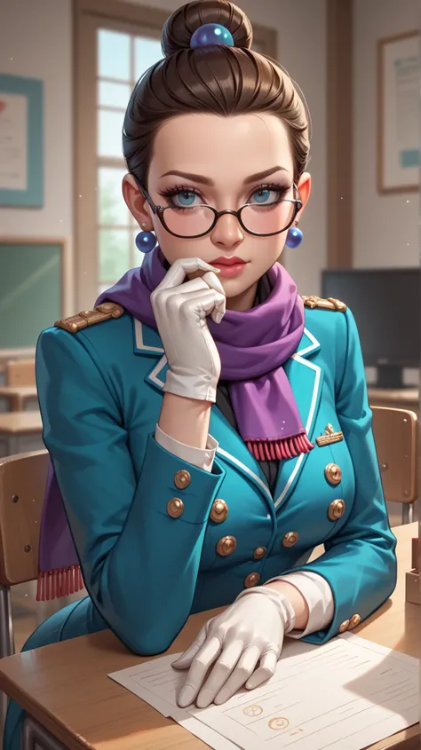 (Raise your finger),Behind a desk , white gloves, Thinking, my_ fey black _uniform brown _Scarves serious (In court),  extremely detailed　You can see your nape when you put your blondes together　 wore glasses　 glamorous figure　 career woman