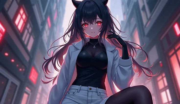 girl, red eyes, white tight jeans pants, short white coat, black shirt, black hair, very little black horns, long hair, pantyhose on the body, Modern Anime Style, High Definition, Ultra Details, Fantasy Modern World, HD, perspective from his face, smiling ...