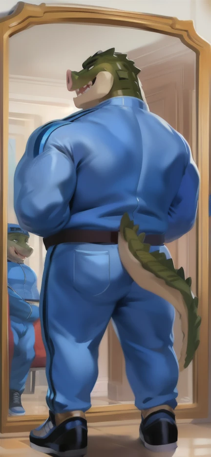 Solo, male Tall​ ,huge​ body​,​ Chair Ride ,mirror , pig​ crocodile ,blue Tracksuit soldier , Wear combat shoes, overweight, muscular, Sexual​ Emotions​ happy​, by chunie