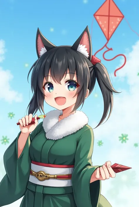 Cat ears、 black hair、 New Years hair 、 fluffy trailing hair 、 big clear sky blue eyes、 gentle smile、 deep green kimono 、 white fluffy collar 、In the hand「MYO」 a broken arrow with the letters 、The background is a kite in the blue sky 、New Year&#39;s pine de...